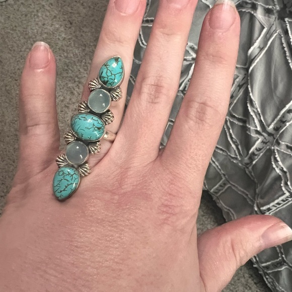 Sterling silver turquoise and chalcedony crawler ring - Picture 2 of 5